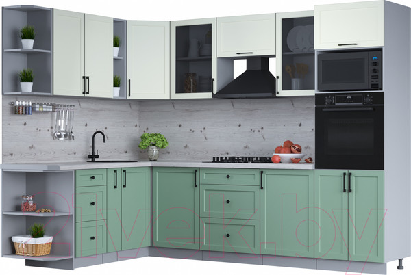 Изображение товара Кухонный гарнитур Интерлиния Тренд 1.88x2.8 ВТ левая (мята/белый/бискайская сосна)