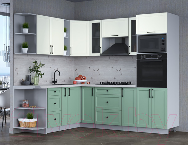 Изображение товара Кухонный гарнитур Интерлиния Тренд 1.88x2.4 ВТ левая (мята/белый/бискайская сосна)