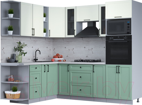 Изображение товара Кухонный гарнитур Интерлиния Тренд 1.88x2.4 ВТ левая (мята/белый/бискайская сосна)