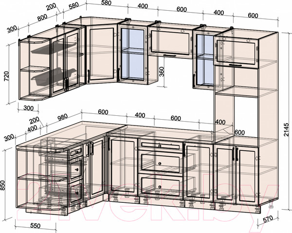 Изображение товара Кухонный гарнитур Интерлиния Тренд 1.88x2.6 ВТ левая (океан/океан/дуб бунратти)