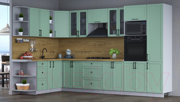 Изображение товара Кухонный гарнитур Интерлиния Тренд 1.88x3.4 ВТ левая (мята/мята/дуб бунратти)