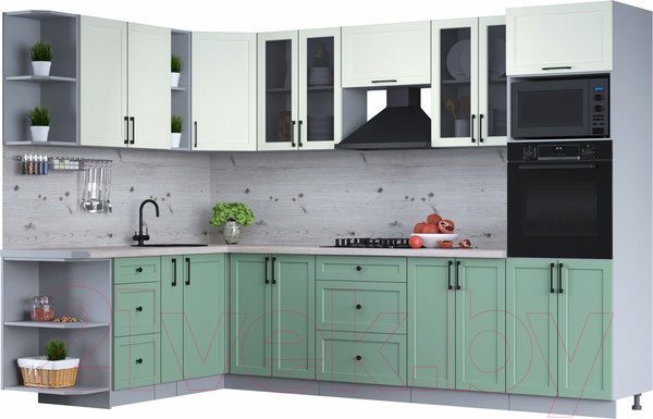Изображение товара Кухонный гарнитур Интерлиния Тренд 1.88x3.0 ВТ левая (мята/белый/бискайская сосна)
