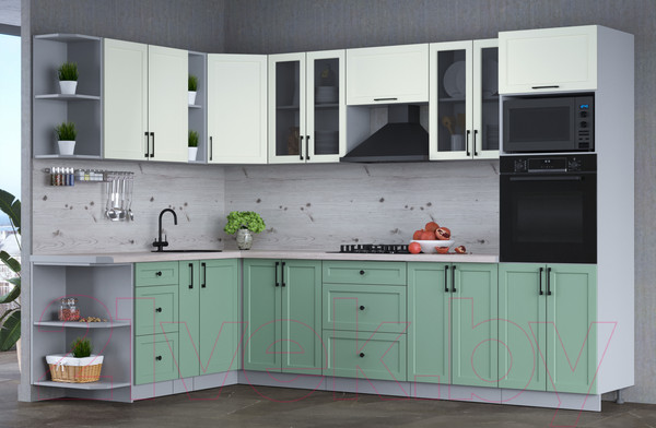 Изображение товара Кухонный гарнитур Интерлиния Тренд 1.88x3.0 ВТ левая (мята/белый/бискайская сосна)