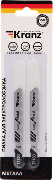 Изображение товара Набор пильных полотен Kranz T118G По металлу 76мм 25 зубьев 0.9-1.2мм / KR-92-0315 (2шт)