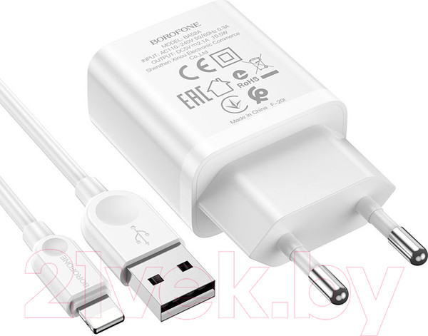 Изображение товара Зарядное устройство сетевое Borofone BA52A 1xUSB-А 2.1А + кабель AM-8pin Lightning (1м, белый)