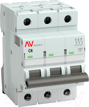 Изображение товара Выключатель автоматический EKF Averes AV-10 3P 6A (C) 10kA / mcb10-3-06C-av