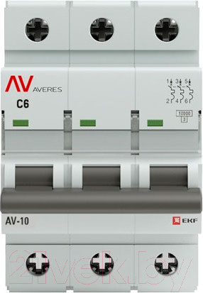 Изображение товара Выключатель автоматический EKF Averes AV-10 3P 6A (C) 10kA / mcb10-3-06C-av