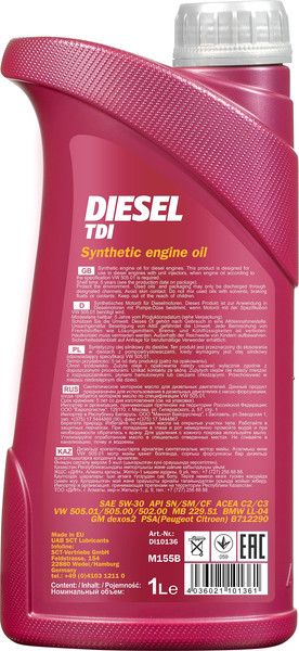 Изображение товара Моторное масло Mannol Diesel TDI 5W30 SM/CF / MN7909-1 (1л)
