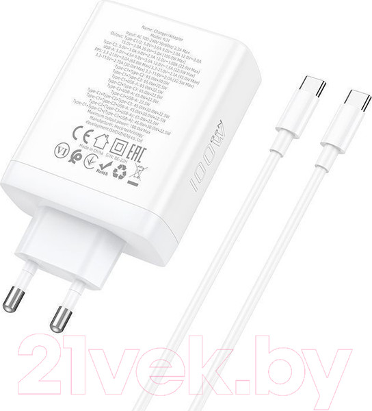 Изображение товара Зарядное устройство сетевое Hoco N31 + кабель Type-C to Type-C (белый)