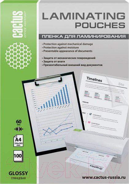 Изображение товара Пленка для ламинирования Cactus А4 216x303мм 60мкм / CS-LPGA460100 (100шт, глянец)