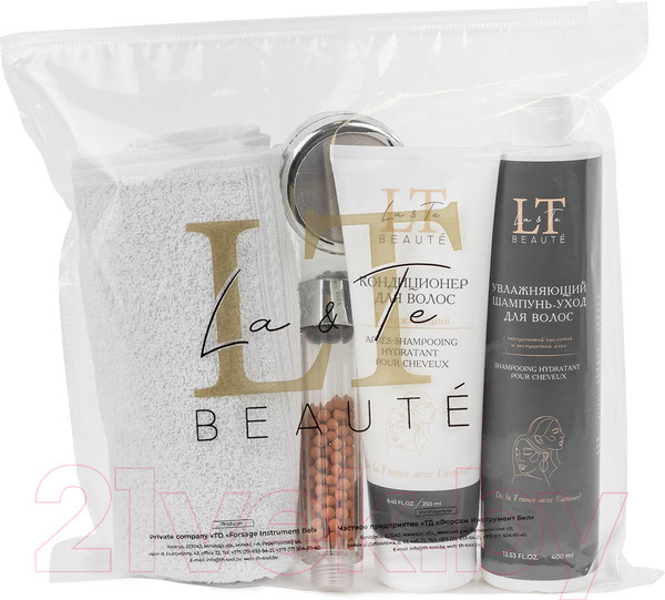 Изображение товара Набор косметики для волос La and Te beaute Шампунь+Кондиционер+Полотенце 40x70+Лейка для душа LT-26