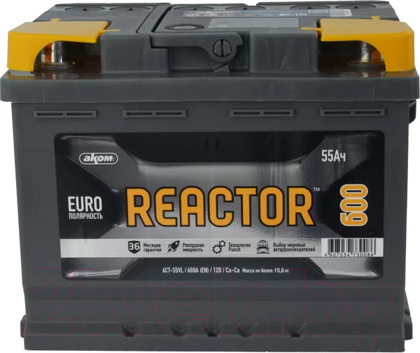 Изображение товара Автомобильный аккумулятор AKOM Реактор 6СТ-55 Рус 600A L+ (55 А/ч)