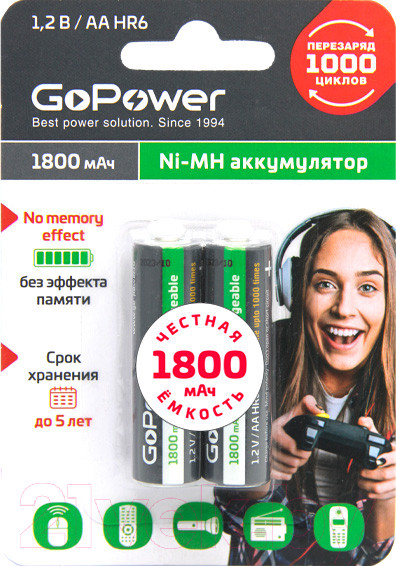 Изображение товара Комплект аккумуляторов GoPower AA/HR6 Ni-MH 1800мАч / 00-00015317 (2шт)