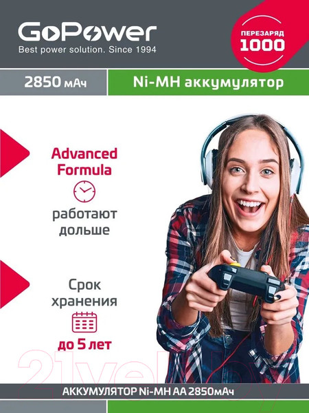 Изображение товара Комплект аккумуляторов GoPower AA/HR6 Ni-MH 2850мАч / 00-00015318 (2шт)