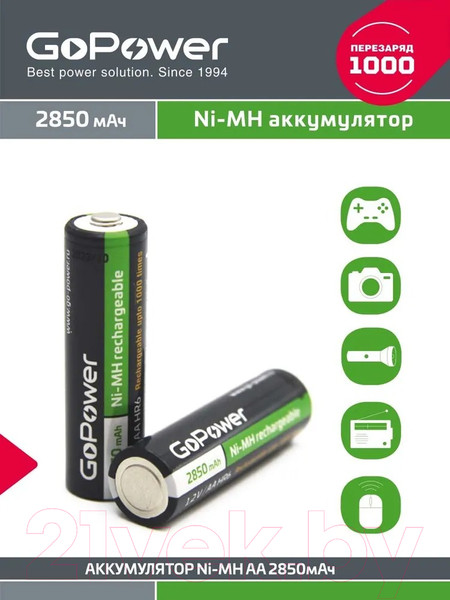 Изображение товара Комплект аккумуляторов GoPower AA/HR6 Ni-MH 2850мАч / 00-00015318 (2шт)
