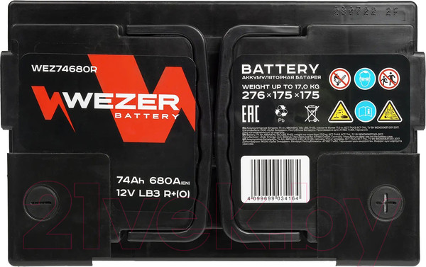 Изображение товара Автомобильный аккумулятор Wezer 680A R+ / WEZ74680R (74 А/ч)