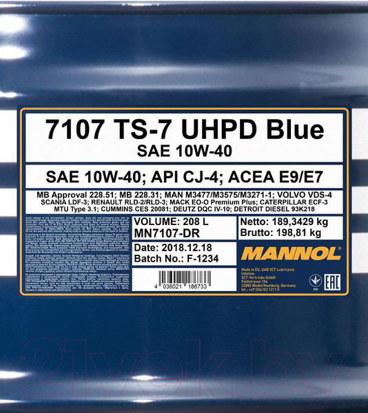 Изображение товара Моторное масло Mannol TS-7 UHPD Blue 10W40 E6 API CJ-4 / MN7107-DR (208л)