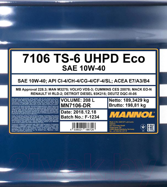 Изображение товара Моторное масло Mannol TS-6 UHPD 10W40 Eco / MN7106-DR (208л)