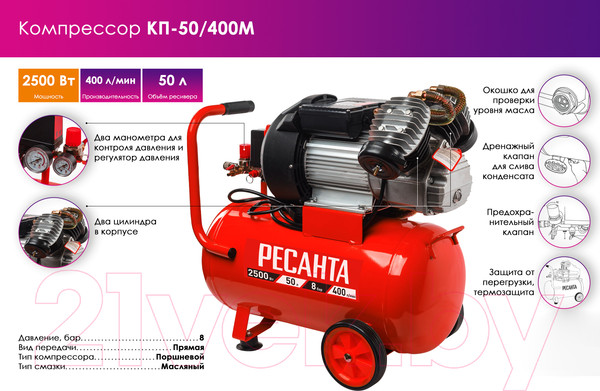 Изображение товара Воздушный компрессор Ресанта КП-50/400М (74/7/6)