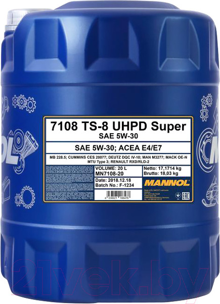 Изображение товара Моторное масло Mannol TS-8 UHPD 5W30 Super / MN7108-20 (20л)