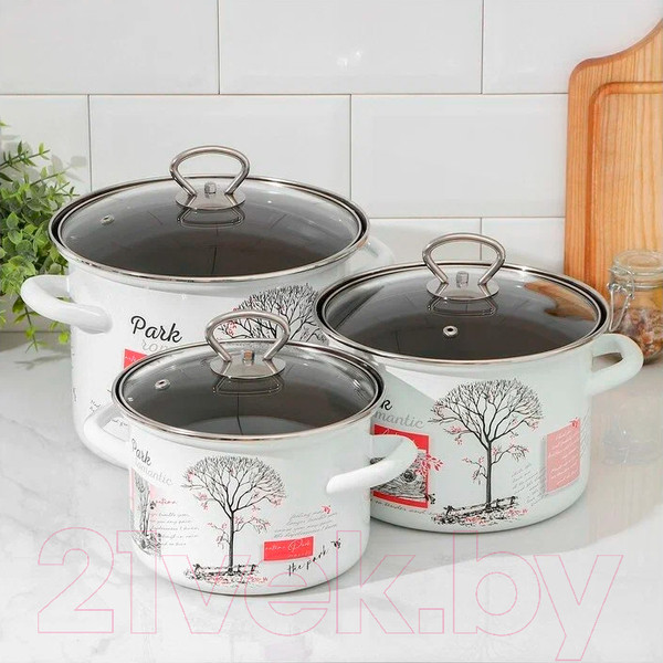 Изображение товара Набор кастрюль КМЗ Осенний парк-5-1 Люкс стиль (3шт, белый)