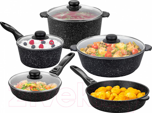 Изображение товара Набор кухонной посуды Elan Gallery Гармония вкуса / 120110+5 (9пр, черный мрамор)