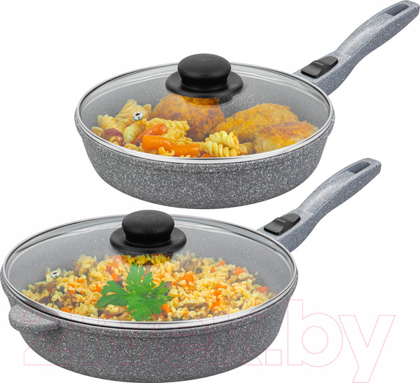 Изображение товара Набор сковородок Elan Gallery Гармония вкуса +крышки / 120591+2 (4пр, серый мрамор)