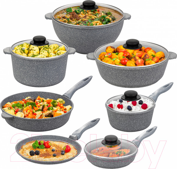 Изображение товара Набор кухонной посуды Elan Gallery 120547+7 (12пр, серый мрамор)