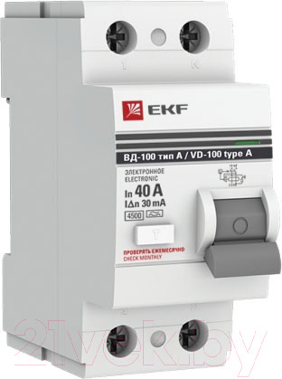 Изображение товара Устройство защитного отключения EKF PROxima ВД-100 2P 40А 30мА / elcb-2-40-30-e-a-pro