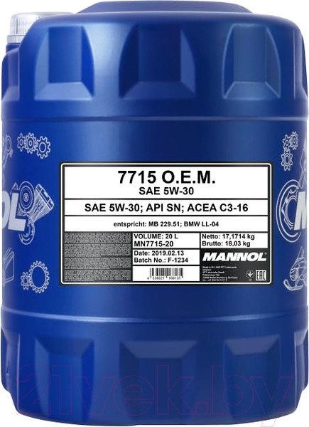 Изображение товара Моторное масло Mannol OEM 5W30 SN/SM/CF / MN7715-20 (20л)