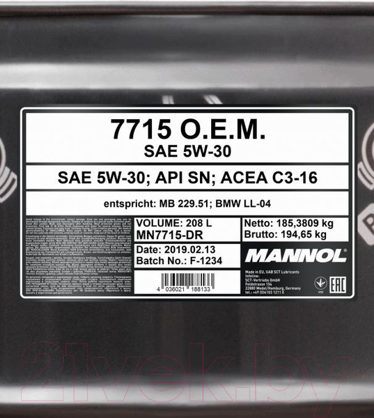 Изображение товара Моторное масло Mannol OEM 5W30 SN/SM/CF / MN7715-DR (208л)