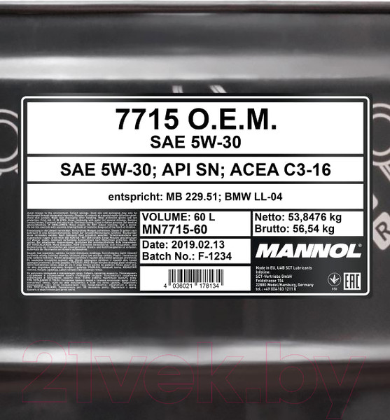 Изображение товара Моторное масло Mannol OEM 5W30 SN/SM/CF / MN7715-60 (60л)