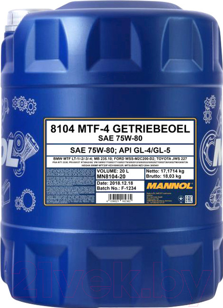 Изображение товара Трансмиссионное масло Mannol MTF-4 Getriebeoel 75W80 GL-4 / MN8104-20 (20л)
