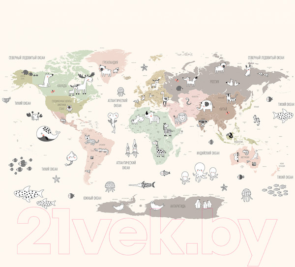 Изображение товара Фотообои листовые Vimala Детская карта с животными 2 (270x300)