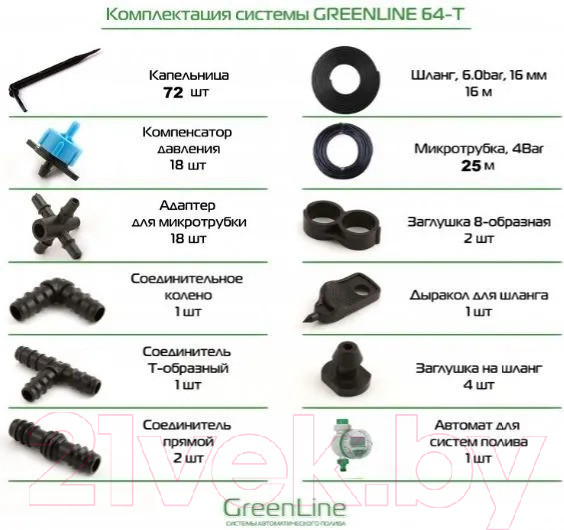 Изображение товара Система капельного полива GreenLINE 64T на 72 растения с таймером / 1475467 (расширенный комплект)