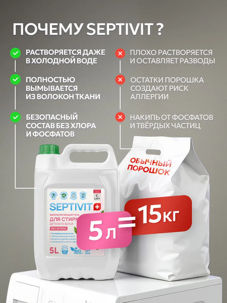 Изображение товара Гель для стирки Septivit Биоразлагаемый для детского белья без запаха (5л)