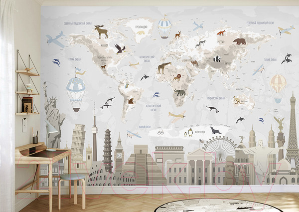 Изображение товара Фотообои листовые Vimala Карта мира достопримечательности 2 (270x400)