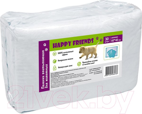Изображение товара Одноразовая пеленка для животных Happy Friends 60x40см HF40/30 (30шт)