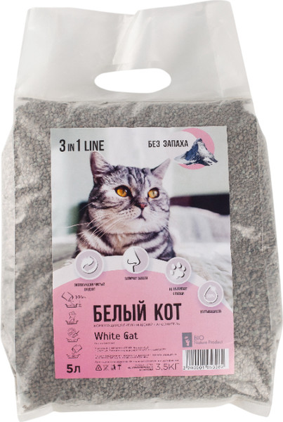 Изображение товара Наполнитель для туалета Белый кот Комкующийся 3 в 1 (5л/3.5кг)
