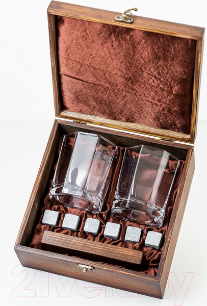 Изображение товара Набор для виски AMIRO ABW-103W В деревянной шкатулке (2 стакана, 6 камней)