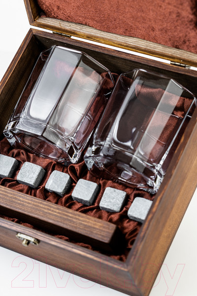 Изображение товара Набор для виски AMIRO ABW-103W В деревянной шкатулке (2 стакана, 6 камней)