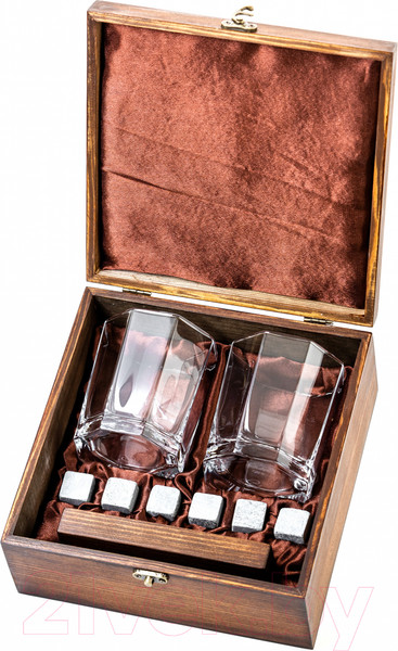 Изображение товара Набор для виски AMIRO ABW-103W В деревянной шкатулке (2 стакана, 6 камней)