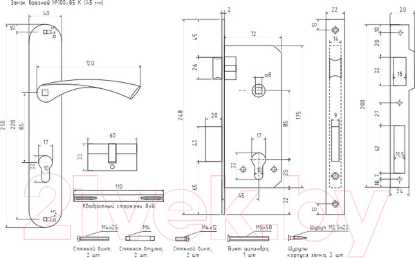 Изображение товара Замок врезной Нора-М N100-85 К / 8228 (матовый никель)