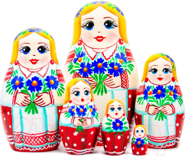 Изображение товара Матрешка сувенирная Брестская Фабрика Сувениров В украинской вышиванке и васильками в руках / 6010