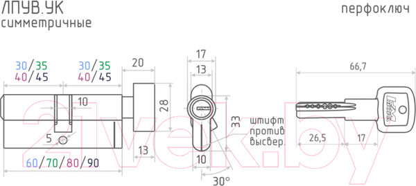 Изображение товара Цилиндровый механизм замка Нора-М ЛПУВ.УК-80 40/40 (хром)