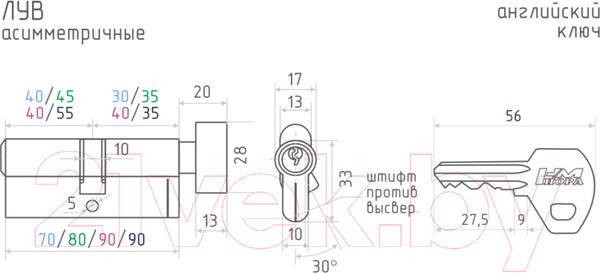 Изображение товара Цилиндровый механизм замка Нора-М ЛУВ-90 50-40в (латунь)