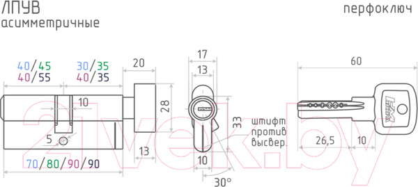 Изображение товара Цилиндровый механизм замка Нора-М ЛПУВ-70 40/30в (хром)