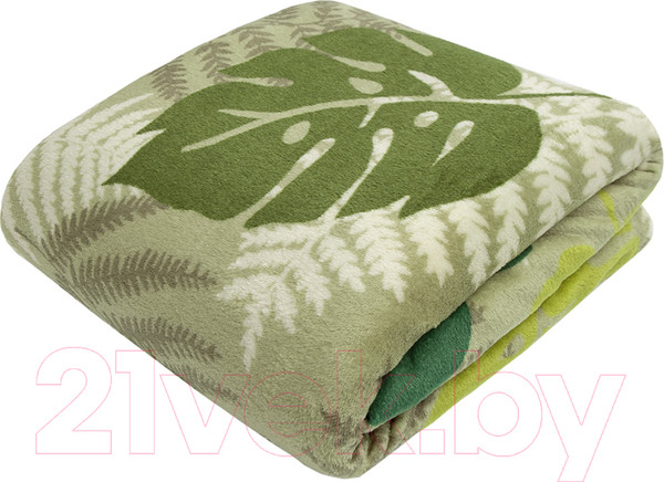 Изображение товара Плед TexRepublic Absolute Монстера и папоротник Фланель 180x200 / 59753 (оливковый/зеленый)