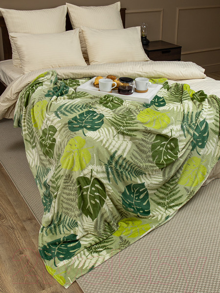 Изображение товара Плед TexRepublic Absolute Монстера и папоротник Фланель 180x200 / 59753 (оливковый/зеленый)