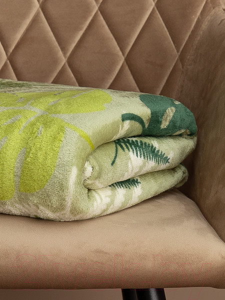 Изображение товара Плед TexRepublic Absolute Монстера и папоротник Фланель 180x200 / 59753 (оливковый/зеленый)